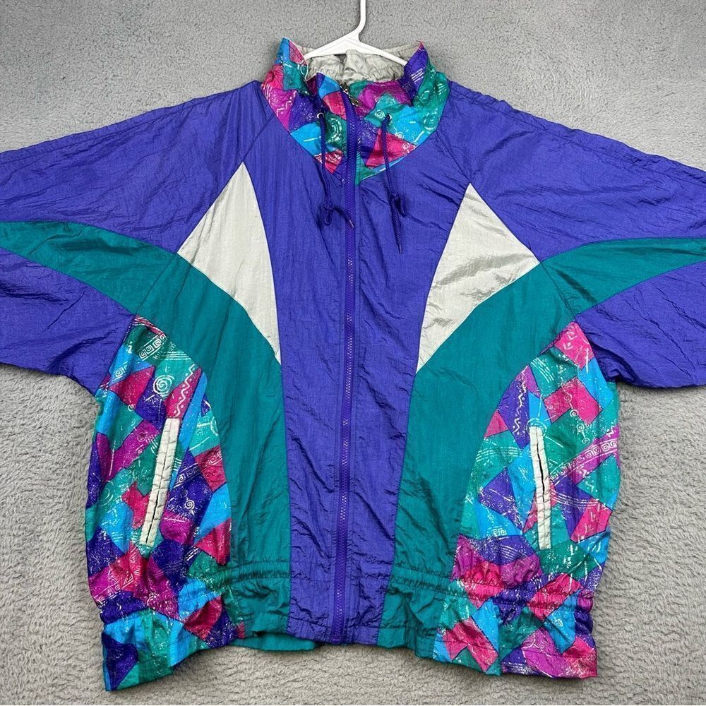 Diana Marco Windbreaker Jacket Womens XL Colorful Nylon Track Warmup Vintage 90s
